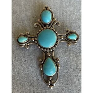 SX 925 Thailand Sterling Silver Turquoise Cross Pendant Vintage Estate Jewelry
